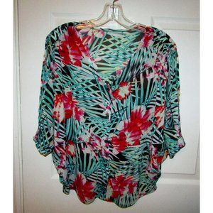 Chiffon Tropical Floral Peek a Boo Sleeve Top Blouse